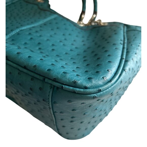 Teal Simulated Ostrich Faux Leather Shoulder Bag With Chain Handles - Picture 12 of 13